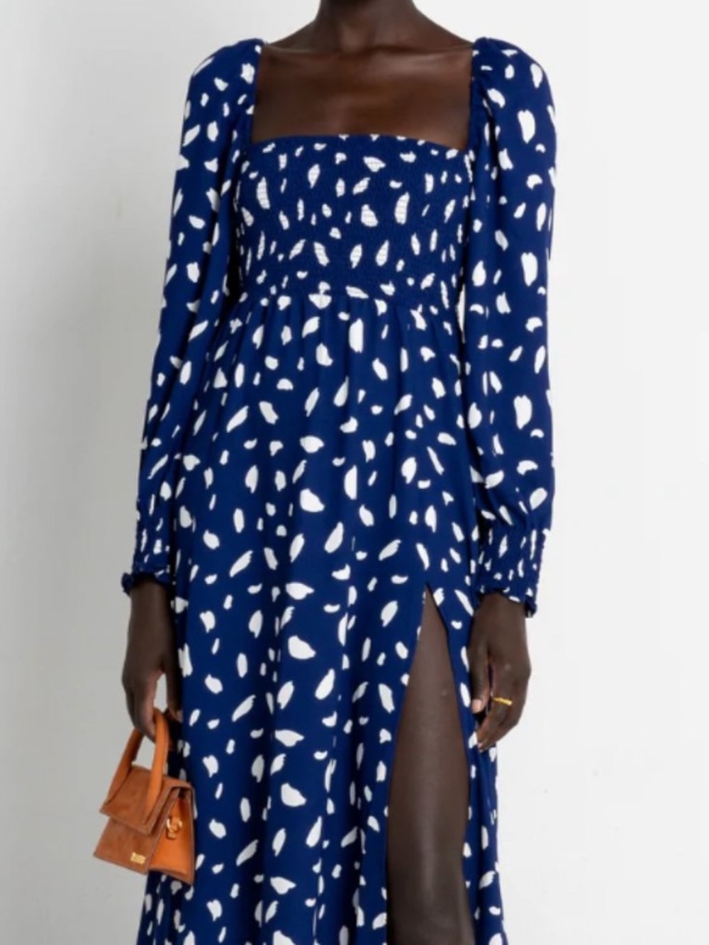 Smocked Square-Neck Midi Dress in blue with white dots